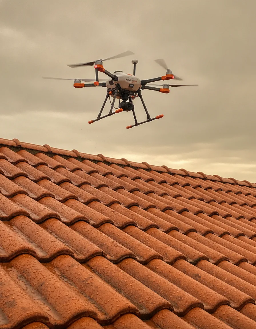 Drone Skyinnov AQ3F en action au-dessus d'une toiture en tuiles en Béarn — démoussage par drone