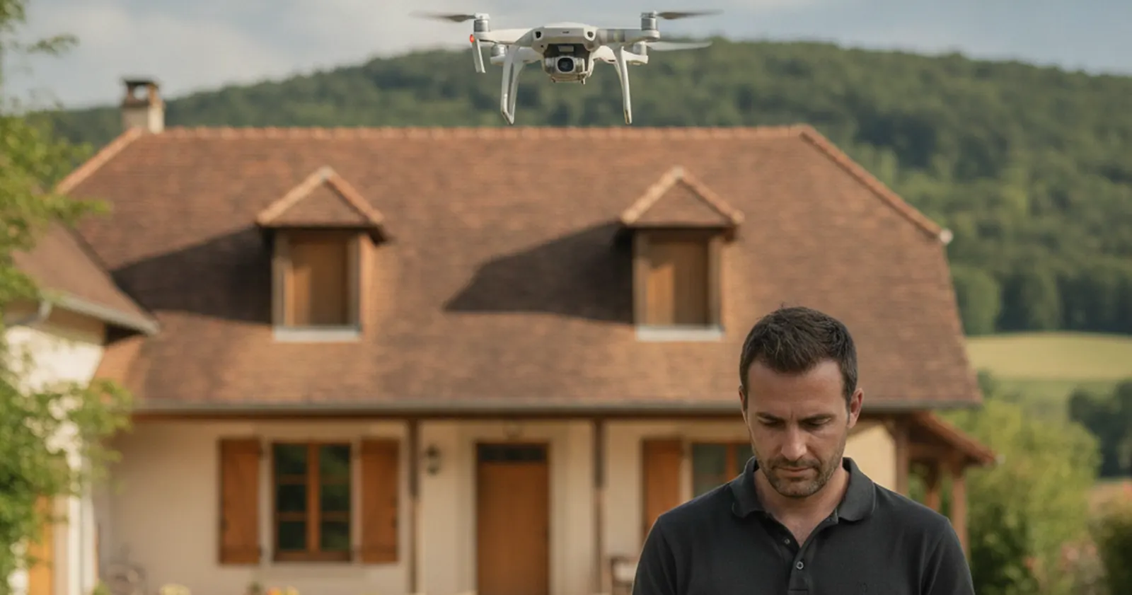 Télépilote HBC Drone Solutions consultant sa déclaration Alphatango avant un vol, drone en arrière-plan au-dessus d'une toiture béarnaise